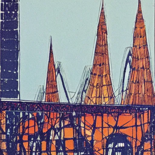 Image similar to 1 9 7 0 s grainy vintage illustration by norman bluhm. a beautiful illustration of a cityscape with tall spires & delicate bridges.