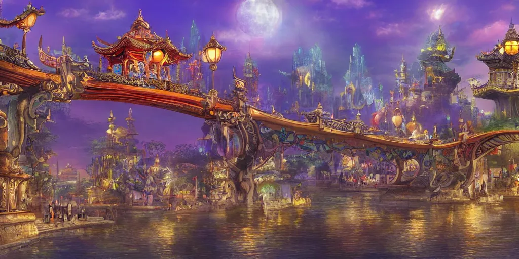 Prompt: fantasy city that combines eastern and western influences, with lampposts, bridge over the river