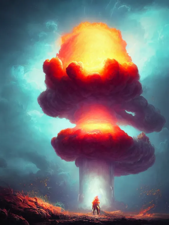 Image similar to photo of 8k ultra realistic nuclear explosion, mushroom cloud, full of colour, cinematic lighting, battered, trending on artstation, 4k, hyperrealistic, focused, extreme details,unreal engine 5, cinematic, masterpiece, art by Peter Mohrbacher