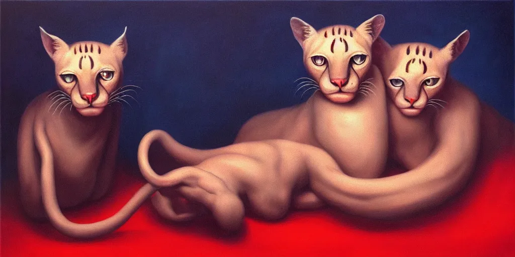 Prompt: ocelots in love, in the style of leonora carrington, gottfried helnwein, intricate composition, blue light by caravaggio, insanely quality, highly detailed, masterpiece, red light, artstation