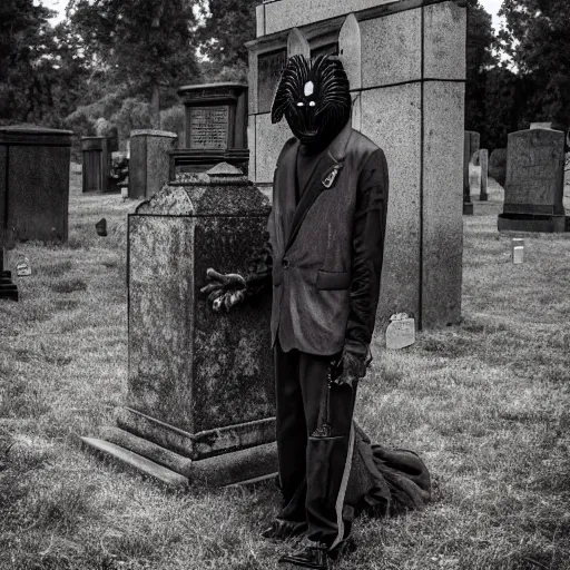 Prompt: MF DOOM standing in a graveyard with a dug up coffin, highly detailed mask, portrait photography, 8k