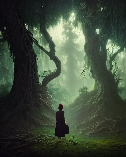 Image similar to highly detailed surreal vfx portrait of a cursed object in a shadowy forest by a willow tree, stephen bliss, unreal engine, greg rutkowski, loish, rhads, beeple, makoto shinkai and lois van baarle, ilya kuvshinov, rossdraws, tom bagshaw, alphonse mucha, global illumination, detailed and intricate environment