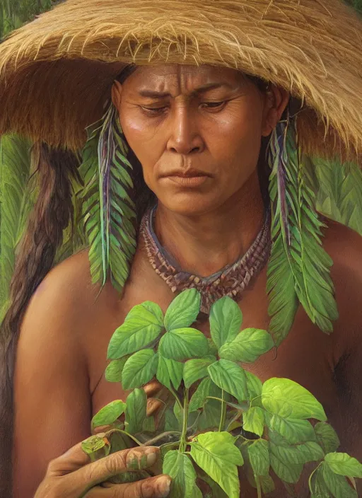 Image similar to a beautiful close up portrait of an indigenous woman preparing plant medicines in the jungle, highly detailed, art by christophe vacher