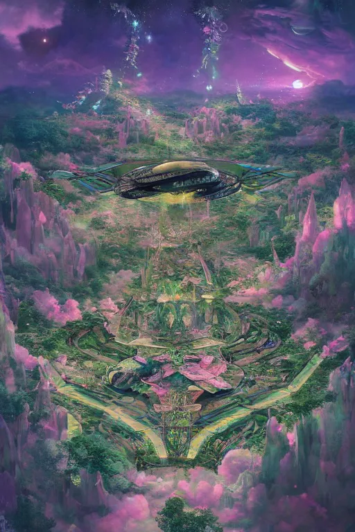 Prompt: aerial view of a multi level spaceship botanical garden in space, by artgerm, tom bagshaw, gerald brom, vaporwave colors, lo - fi colors, vaporwave, lo - fi, moody vibe, goth vibe, full body, rendered by substance designer, cel shading, toon shading, smooth,