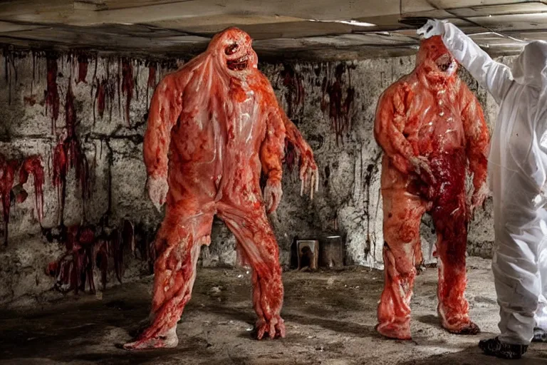 Prompt: a man in a hazmat suit looks on helplessly as a huge gory drippy raw meat monster grows out of control in a creepy underground lab