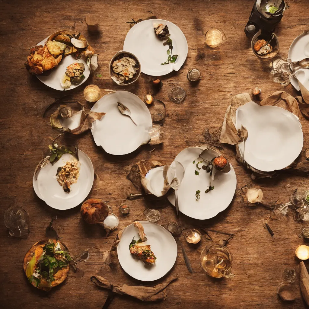 Image similar to afine dining dinner on a table, dynamic lighting, bokeh, carl zeiss 8 5 mm vintage lens, hyper realistic, award winning food photography