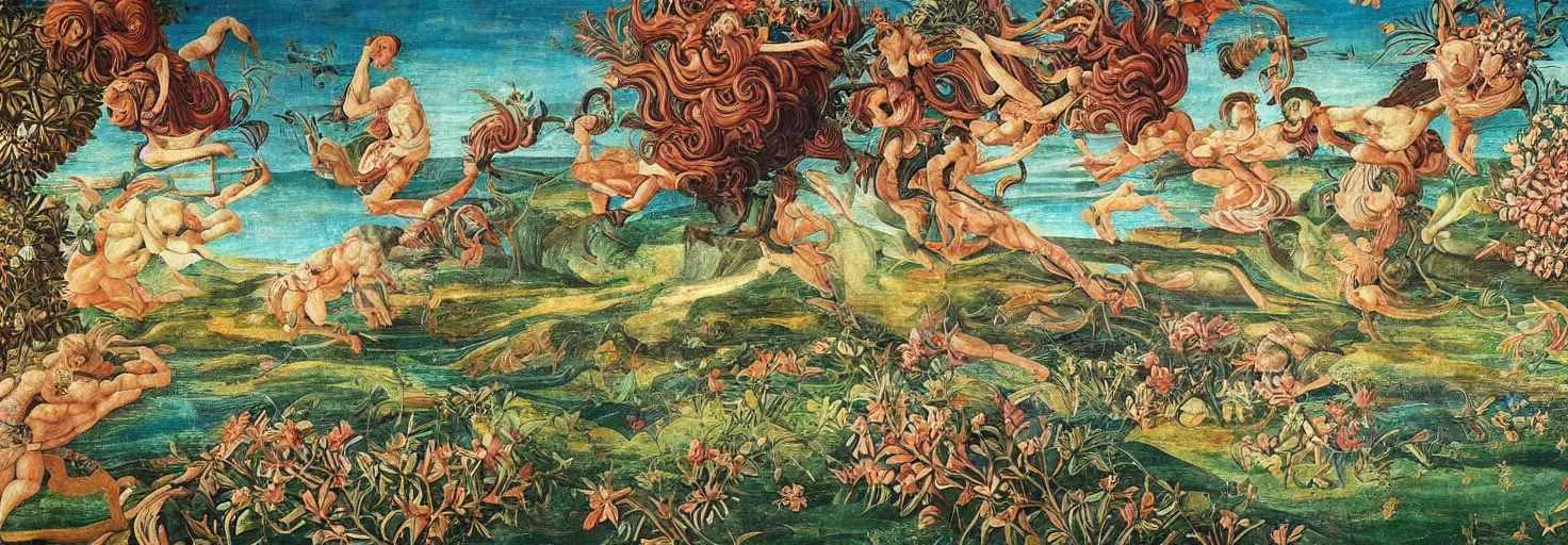 Image similar to beautiful patterned mural a corrupted alien planet, lush landscape, vivid colors, beautiful flower variation, intricate painting, highly detailed, masterful, fantasy world, no people, in the style of sandro botticelli, caravaggio, albrecth durer