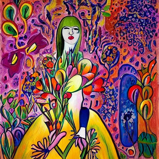 Prompt: a painting of a woman holding a bouquet of flowers, an ultrafine detailed painting by john backderf, trending on deviantart, psychedelic art, psychedelic, oil on canvas, impressionism, ( ( a cubist painting by friedensreich hundertwasser ) ), metaphysical painting, hall of mirrors, ( ( fauvism ) )