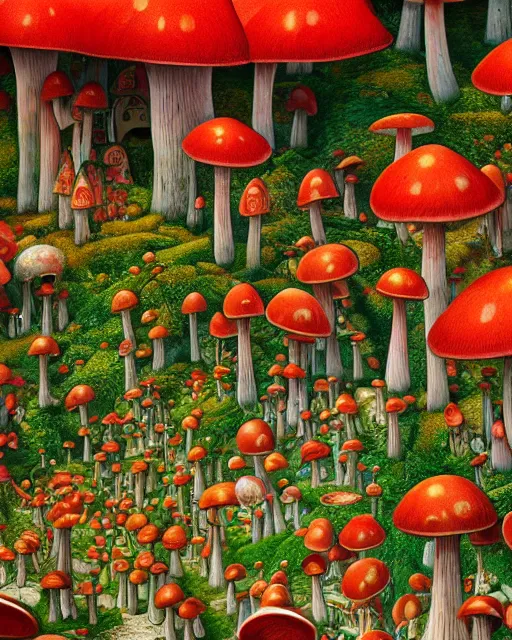 Image similar to a highly detailed strange fantastic magical red and white mushroom forest of houses and their inhabitants, many stories, by jacek yerka, matte painting, 8k resolution, vivid