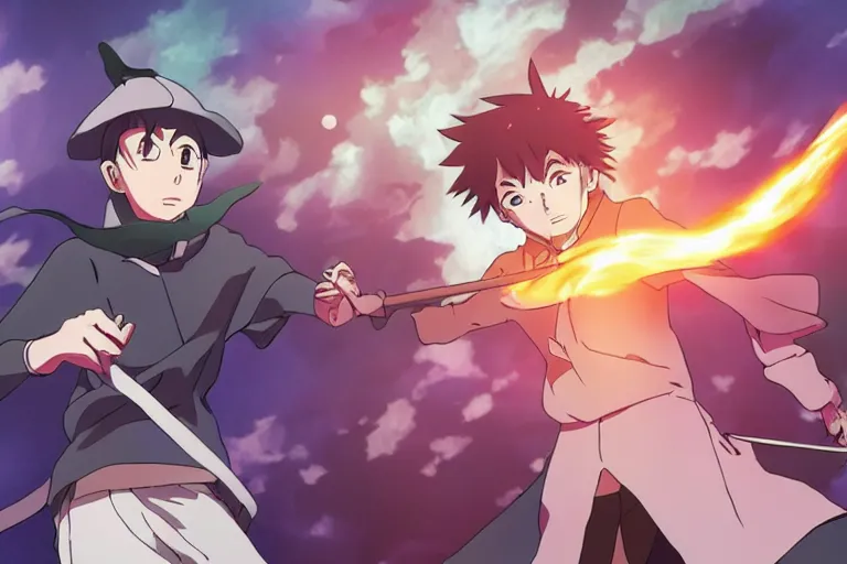 Prompt: cell shaded anime key visual of two apprentice wizards dueling, casting magic spells, in the style of studio ghibli, moebius, makoto shinkai, dramatic lighting