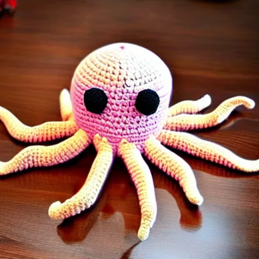 Prompt: a crochet octopus that is eating sushi, crochet octopus eating sushi, photo realistic, indoor lighting