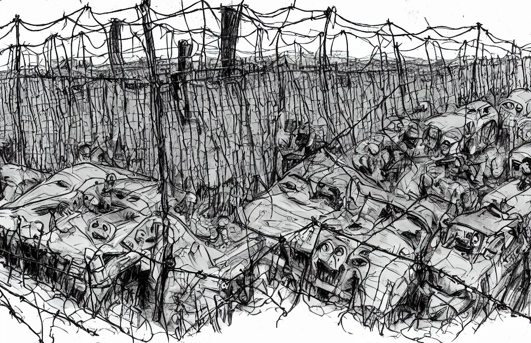 Image similar to milt kahl sketch of zombie apocalypse resistance camp with barbed wire fencing