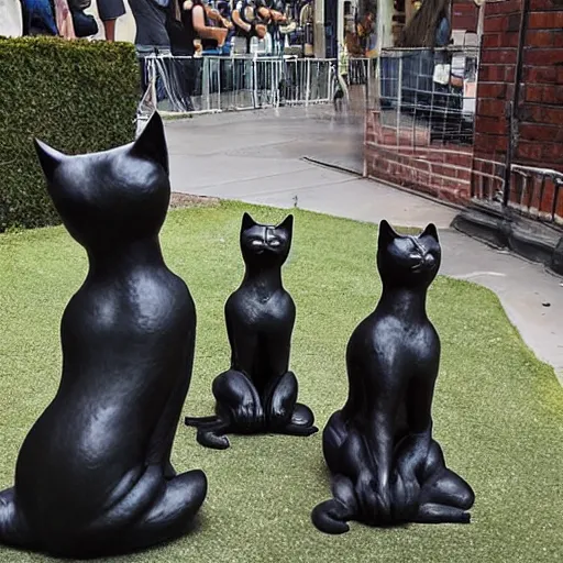 Prompt: a group of cats worshipping a statue of catwoman