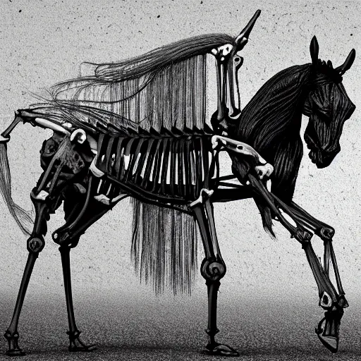 Image similar to a dark skeleton horse, fully skeletal horse, death