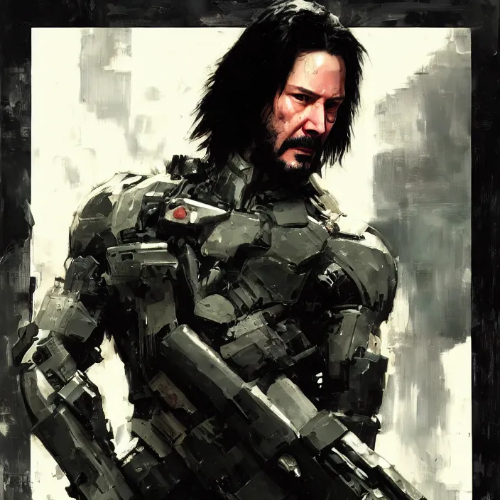 Prompt: swole keanu reeves wearing metal gear armor holding gun dramatic lighting art by brandon anschultz by yoji shinkawa by richard schmid by greg rutkowski by sandra chevrier by jeremy lipking cinematic dramatic brush strokes background