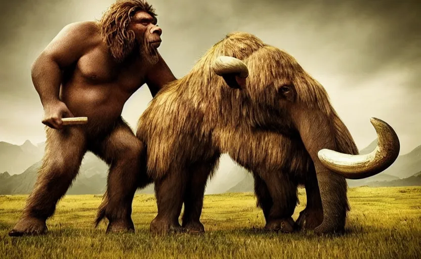 Prompt: made 1 5 0's neanderthal fighting with mammoth, perfect dynamic posture, perfect dynamic environment, perfect dynamic body form, perfect dynamic pose, trending pinterest, perfect dynamic position, award winning photo by national geographic, and pulittzer winner, realistic, bokeh, reduce duplication interference