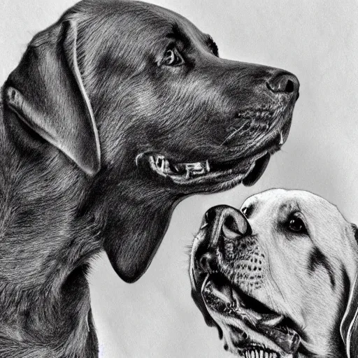 Prompt: graphite pencil drawing of a skeleton petting a smiling labrador retriever, highly detailed