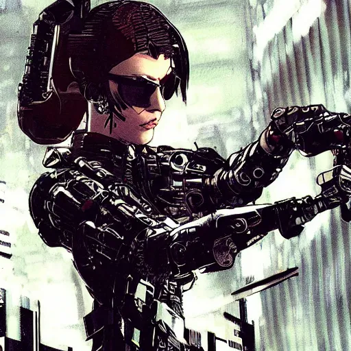 Prompt: cyberpunk military mafia woman with cybernetic arm, Yoji Shinkawa