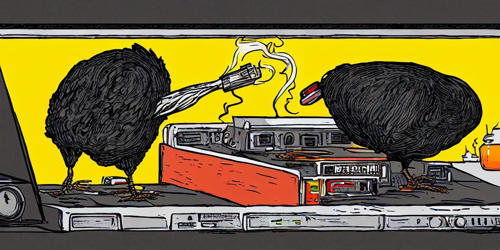 Image similar to 'black chicken'!!!! smoking 'cannabis'!!!!!! in front of 'audio console'!!! and 'multi monitors'!!! 'in a hi-tech tv broadcasting studio'!!!, artwork by James Gilleard