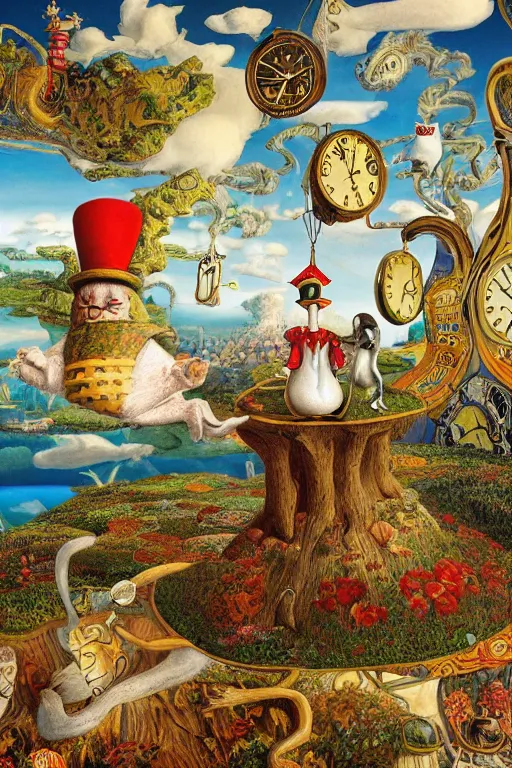 Prompt: the white rabbit is looking at his pocketwatch in wonderland by jacek yerka and salvador dali, detailed matte painting, 8 k resolution