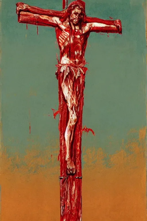 Image similar to bloody christ crucified on a very big mushroom painted in by cy twombly and andy warhol