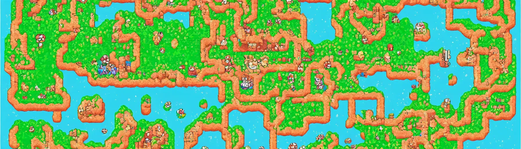 Prompt: vertical panorama of the super mario world map in the style of studio ghibli