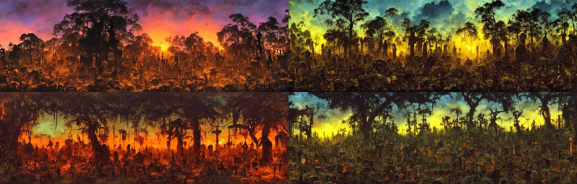Prompt: souls graveyard in moody jungle backlight , sunset oil painting panorama by frazetta