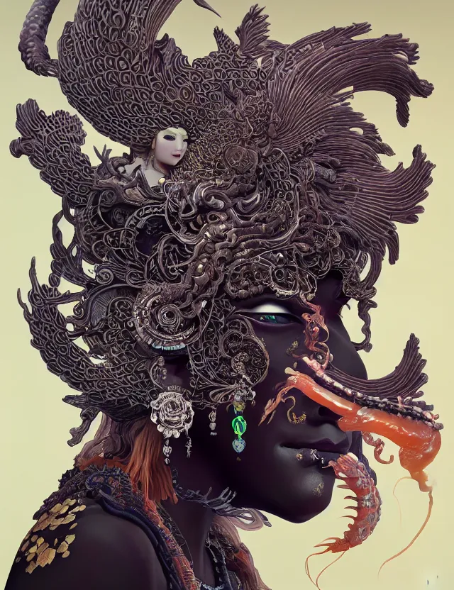 Image similar to 3 d goddess of hell close - up profile portrait with ram skull. beautiful intricately detailed japanese crow kitsune mask and clasical japanese kimono. betta fish, jellyfish phoenix, bio luminescent, plasma, ice, water, wind, creature, artwork by tooth wu and wlop and beeple and greg rutkowski