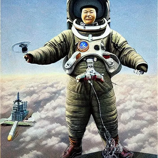 Image similar to [North Korean cosmonaut, poster, very detailed, cinematic lighting, matte, sharp, photography, art by enki bilal]