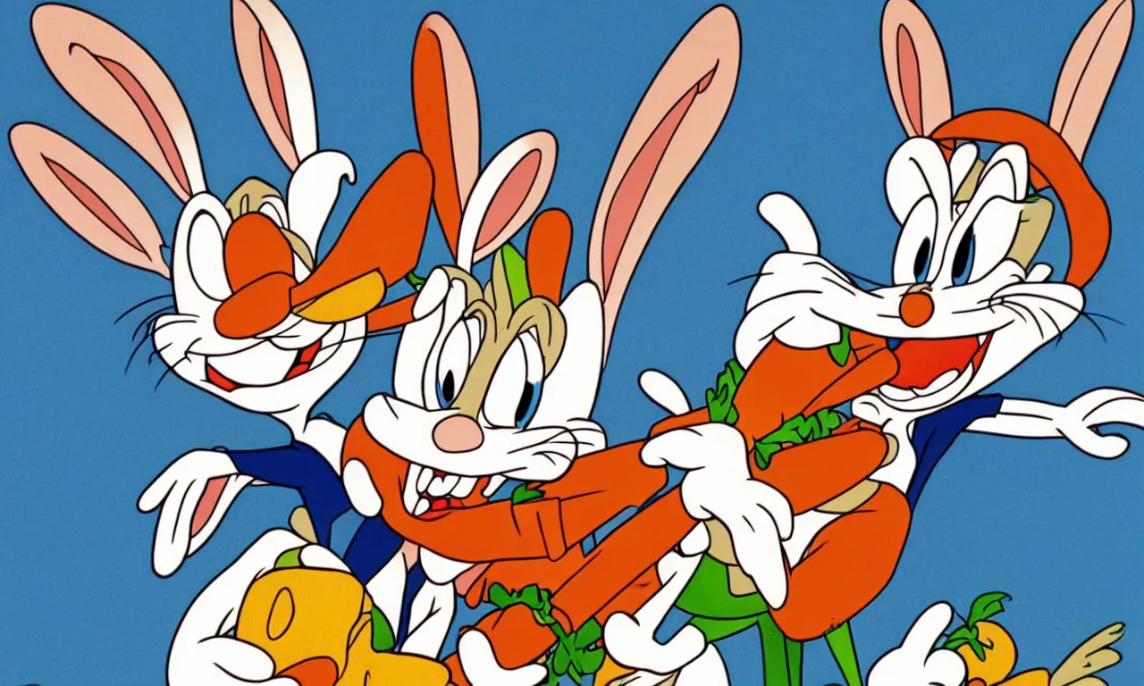 Prompt: Bugs Bunny smiling while holding a carrot, Looney Tunes