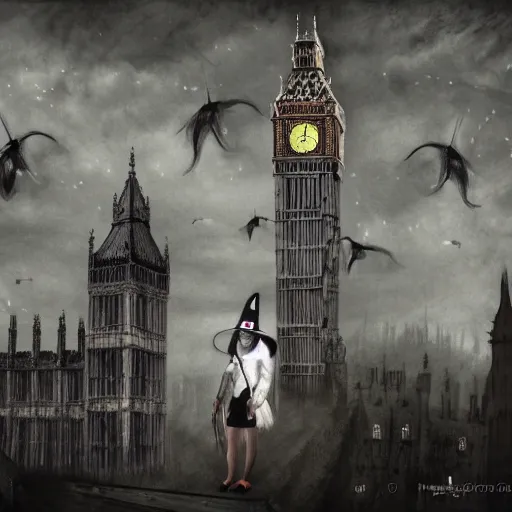 Image similar to A witch wearing a hat sitting on a broom stick and flying high in the sky,the Big Ben is in background,gloomy lighting,creepy atmosphere,digital art , highly detailed , high contrast, beautiful lighting, award winning , trending on art station, 8k, photo realistic