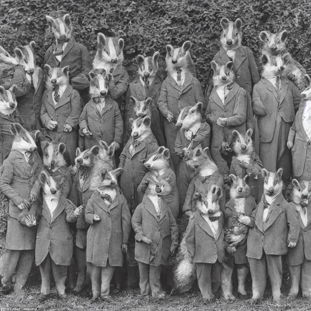 Image similar to a group of badgers in 1 9 4 0 s suits, standing upright like people, anthropomorphic, style of beatrix potter, rendered as a highly detailed photograph