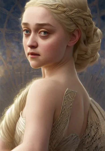 Prompt: daenerys dakota fanning, intricate, elegant, highly detailed, digital painting, artstation, concept art, smooth, sharp focus, illustration, art by artgerm and greg rutkowski and alphonse mucha and william - adolphe bouguereau