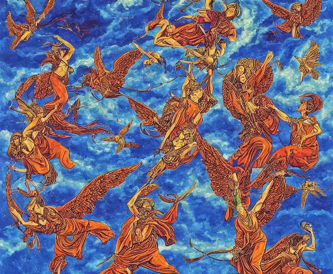 Prompt: sacred angels fighting in the skies of seattle, gouache, stylised, by mati klarwein and moebius