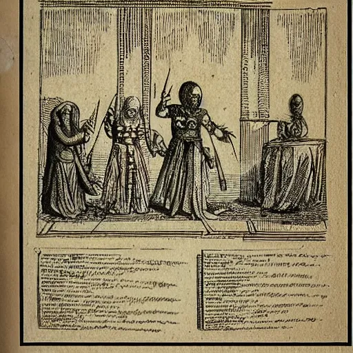 Prompt: “A page from the necronomicon depicting instructions on how to perform a ritual, 1800s etching”