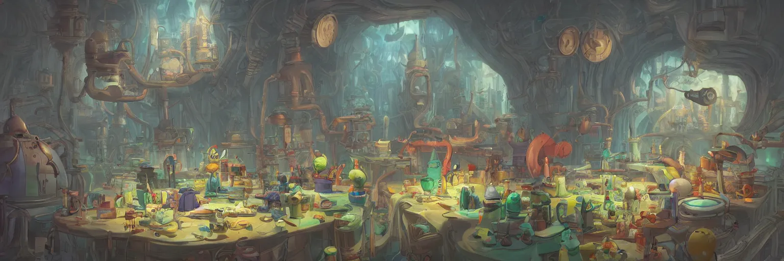 Image similar to 4K concept art of a wizards laboratory, digital art by Dr Seuss, animated by Studio ghibli, masterpiece trending on artstation, ultrafine detail, ray tracing by Nvidia, demonstration for QLED displays, award winning panoramic concept art with stunning detail