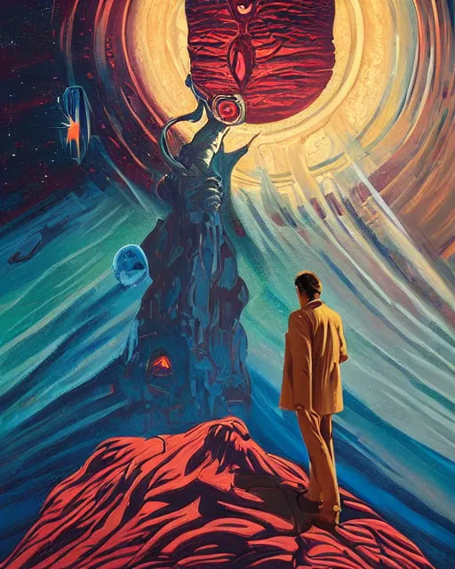 Image similar to a painting of a man standing in front of a giant face, poster art vincent di fate and jack gaughan and dan mumford, cgsociety, space art, lovecraftian, cosmic horror, poster art