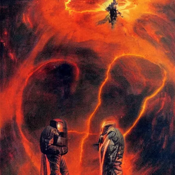 Prompt: two scientists wearing red rick owens hazmat suits in a highly saturated nebula wormhole by frank frazetta