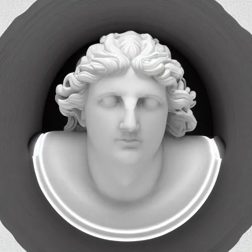 Image similar to a neon ring around the head of a greek god marble statue, 3 d render