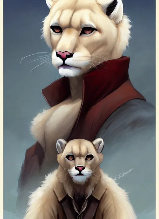 Image similar to beautiful portrait commission of a male furry anthro albino mountain lion with dark red eyes wearing miner's clothes in the year 1915. Atmospheric. Character design by charlie bowater, ross tran, artgerm, and makoto shinkai, detailed, inked, western comic book art