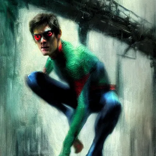 Image similar to young jim carrey as spiderman, realistic, ultrahd, jeremy mann painting