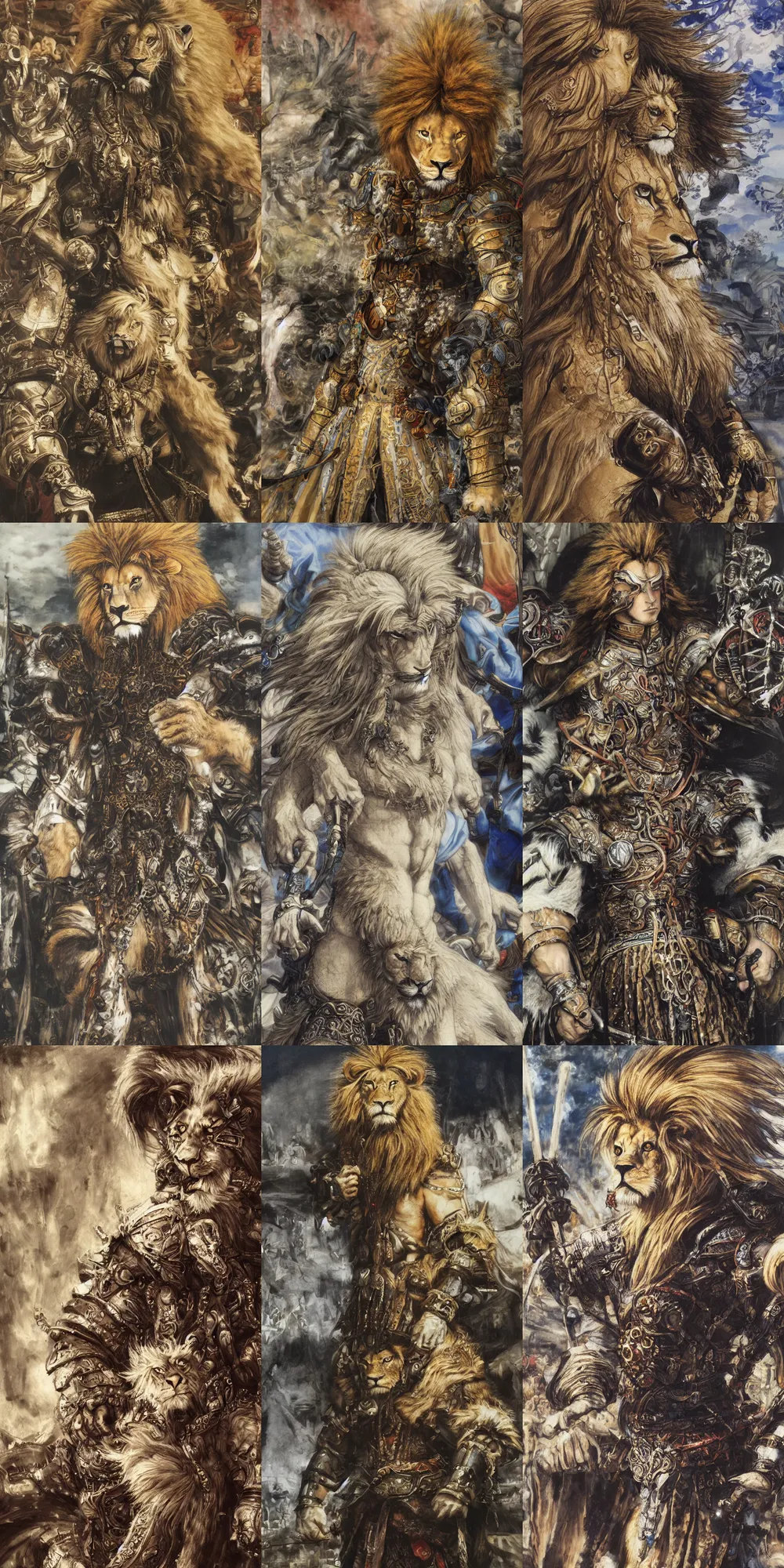 Image similar to 8 k yoshitaka amano painting of upper body of a young cool looking lion beastman with white mane at a medieval market at windy day. depth of field. he is wearing complex fantasy clothing. he has huge paws. renaissance style lighting.