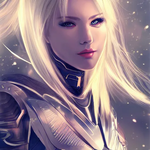 Image similar to a beautiful woman wearing futuristic armor, blonde, long hair, pixiv, hyperrealistic