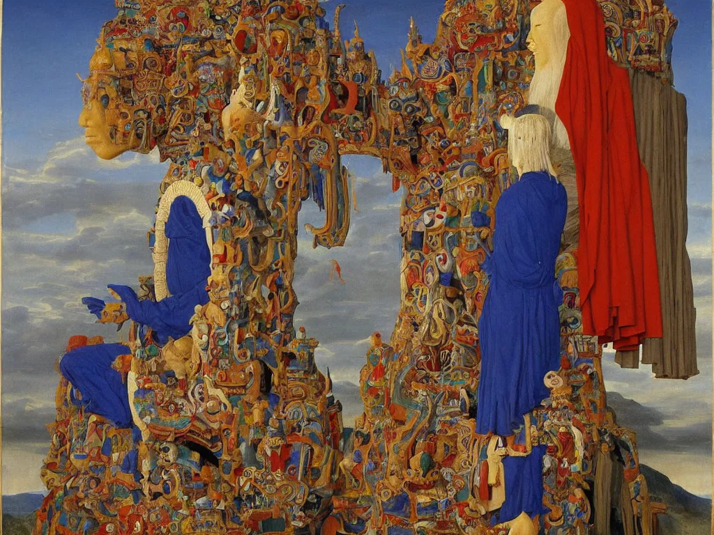 Image similar to Albino mystic with his back turned, looking in the distance at giant totemic archaic sculpture mask Tibetan temple made from Lapis Lazuli. Painting by Jan van Eyck, Audubon, Caspar David Friedrich, Rene Magritte, Agnes Pelton, Max Ernst, Walton Ford