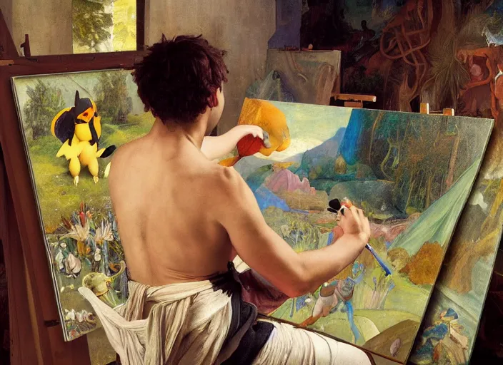 Image similar to a young painter in his studio painting a picture of a colourful pokemon, by edgar maxence and caravaggio and michael whelan and delacroix style, artistic, intricate drawing, cinematic lighting, hyper realistic, extremely detailed, establishing shot, 8 k resolution, dramatic lighting