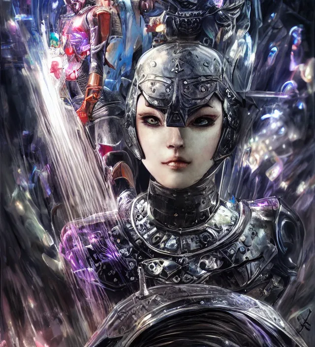 Prompt: hd 3 d rendered graphic novel video game portrait of a cute young knight girl complicated synaptic particles angelic deity demon future downtown in ishikawa ken miura kentaro gantz frank miller jim lee alex ross vaporwave technoir style detailed trending award winning on flickr artstation