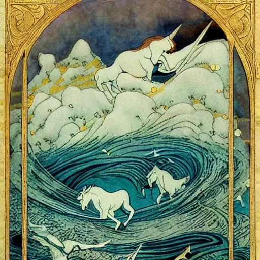 Prompt: the unicorn wave scene from the last unicorn, as illustrated by edmund dulac