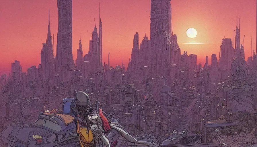 Image similar to Sun setting in a utopian futuristic cityscape with a bounty hunter in the foreground, by Jean Giraud, by Moebius, highly detailed, oil on canvas