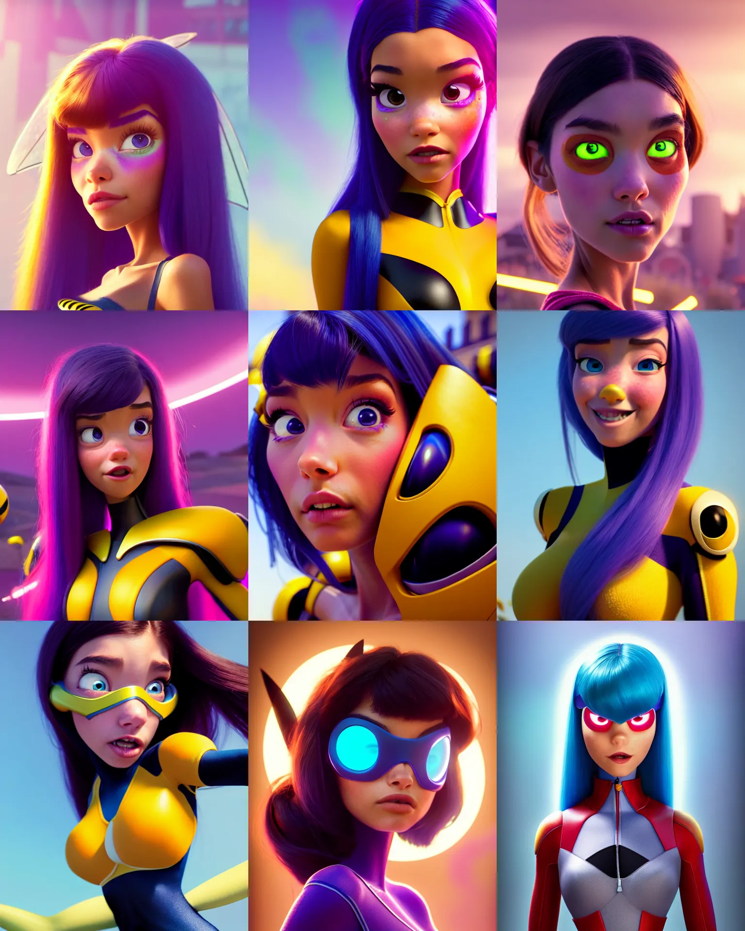 Prompt: pixar movie still portrait photo of madison beer : : college woman : : as bumblebee cyborg woman by pixar : : by greg rutkowski, wlop, rossdraws, artgerm, weta, marvel, colorful rave makeup, leeloo, unreal engine, glossy skin, pearlescent, shiny, 4 k, hdr, bright morning, spring fashion, anime, : :