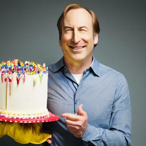 Image similar to bob odenkirk, smiling, holding a birthday cake, studio photograph, cinematic lighting